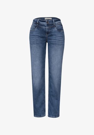 Denim jeans in mediumblauw. Rechte pijp met vijf zakken, knoopsluiting en subtiele wassing. Glad oppervlak met lichte vervaging.