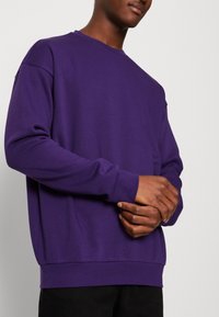 Felpa viola con collo rotondo, maniche lunghe e polsini a coste. Tessuto morbido e vestibilità rilassata, senza pattern o loghi visibili.
