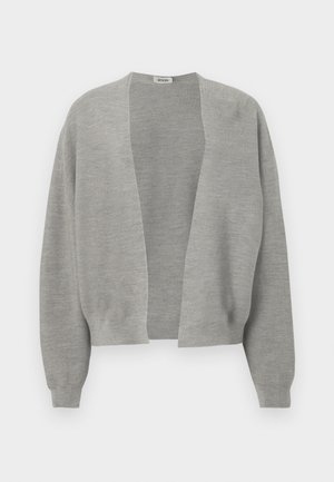 Gray cardigan made from soft knit fabric, open front design, dropped shoulders, and ribbed cuffs for a relaxed fit.