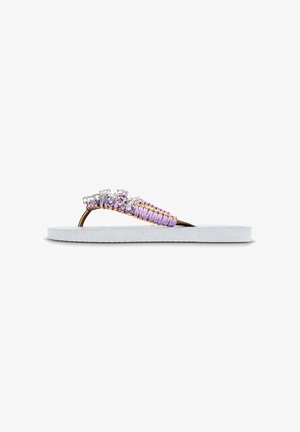 Flip-flop sandal with white textured sole, purple and orange braided straps adorned with clear rhinestones for detail.