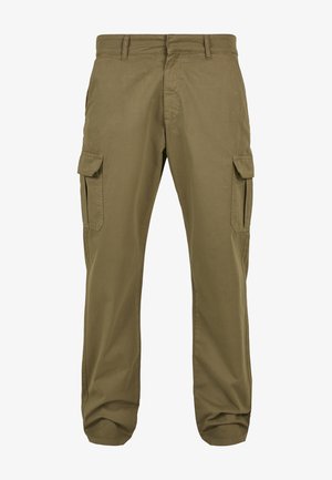 Zelené cargo kalhoty s rovný fit, bavlněný materiál, boční kapsy a zapínání na knoflík pro funkčnost. Hladká textura, ležérní design.