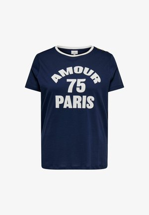 Mørkeblå t-shirt med korte ærmer og hvid kant rundt om halsen, guldknapper på skulderen og hvid tekst "AMOUR 75 PARIS" på forsiden.