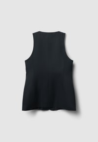 Schwarzes ärmelloses Oberteil aus glattem Stoff, mit rundem Ausschnitt, Rückennahtdetails und einem leicht ausgestellten Saum.