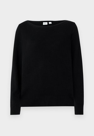 Black long-sleeve knit sweater with a round neckline and ribbed hem, displayed on a white background.