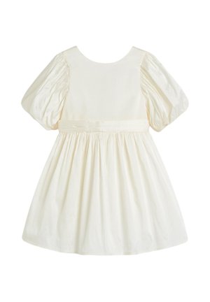 Bela bombažni oblekica z napihnjenimi rokavi, zaobljenim izrezom in oprijetim pasom. Krilo je nabrano, kar ustvarja voljumen videz.