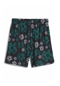 Pantalones cortos de malla negros con una cintura elástica, decorados con un patrón floral en verde azulado y blanco. Ligero y con una textura transpirable.