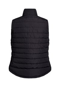 Svart vadderad ärmlös puffer-väst med hög krage, horisontell sömnad och rundad fåll, visad bakifrån mot en vit bakgrund.