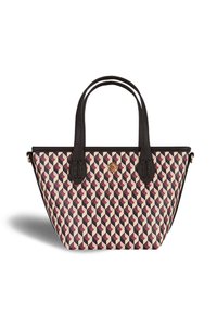 Borsa tote con motivo geometrico nei toni del rosa, crema e bordeaux. Manici in pelle nera con dettagli in rilievo. Chiusura con zip.