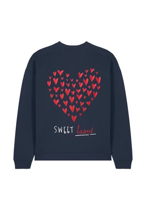 Navy sweatshirt featuring a large red heart pattern and text "SWEET heart" in white and red on the back. Soft fabric, casual design.