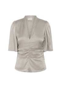 Gray blouse with a deep V-neck, short puff sleeves, and textured pattern. Features gathered detail along the waist for shaping.