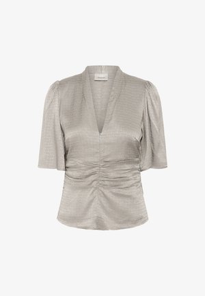 Hallikas pluus sügava V-kaelusega, lühikeste puffvarrukatega ning tekstuurse mustriga. Omab kogutud detaili taljejoonel, et luua kehakuju.