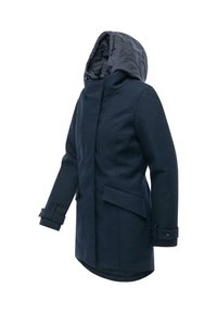Navy wool coat with a quilted hood, long sleeves, side pockets, and adjustable cuffs. Features a straight hem and tailored silhouette.