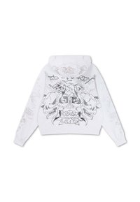 White hooded sweatshirt with black and gray graphic design of snakes, skulls, flowers, and scripted text on the back and sleeves.