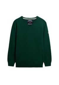 Groene v-hals trui van gebreide stof met ribgebreide manchetten en zoom. Voorzien van een merklabel aan de binnenkant en een kleine accentpatch op de mouw.