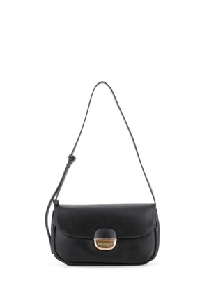 Bolso de hombro de cuero negro con correa ajustable y cierre con broche en tono dorado con el logo "Blogger" grabado, sobre fondo blanco.