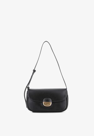 Bolso de hombro de cuero negro con correa ajustable y cierre con broche en tono dorado con el logo "Blogger" grabado, sobre fondo blanco.