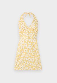 Bloemige halterjurk in geel met witte en oranje bloemen. Heeft een V-hals, een aansluitend lijfje en een uitlopende rok. Zachte textuur.
