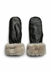 Juodos odos pirštinės su minkštais pilkais dirbtinio kailio manžetais, pasižyminčios lygiu paviršiumi ir apvalia forma. Tinka šaltesniam orui.