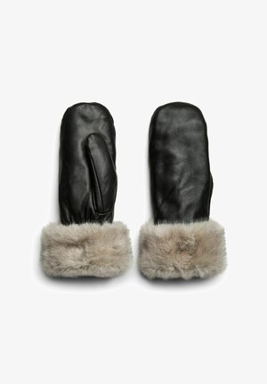 Sorte lædervotter med bløde grå imiterede pelsmanchetter, der har en glat tekstur og afrundet form. Velegnet til koldt vejr.