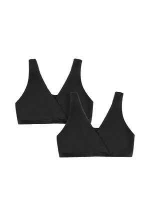 Két fekete vezeték nélküli, puha szövetből készült bralette széles pántokkal és keresztpántos elülső kialakítással fehér háttéren.