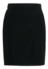 Gonna a matita nera con un tessuto liscio, design aderente, di lunghezza media, caratterizzata da un sottile dettaglio della cucitura laterale e una finitura pulita in vita.