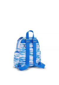 Zaino a motivo blu e rosa con due spallacci regolabili, maniglia superiore e tasca laterale, realizzato in tessuto resistente.