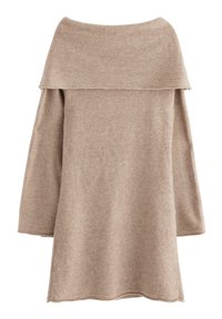 Beige, off-shoulder sweater med långa ärmar, tillverkad av mjuk tyg. Har en avslappnad passform och böjd nederkant.