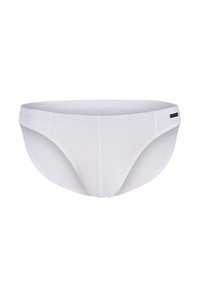 Weiße Unterwäsche aus geripptem Stoff, mit einem glatten Bund und minimalistischem Design. Enthält ein kleines Logo an der Seite.