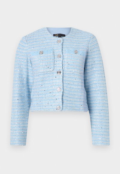 Blue tweed cropped jacket with long sleeves, round neckline, front patch pockets, and silver button closures. Textured fabric with horizontal stripes.