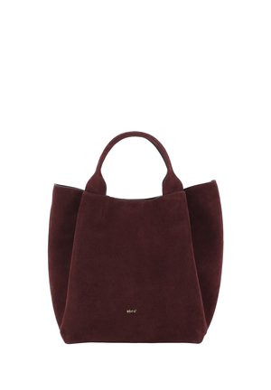 Dark red suede tote bag with short handles and small gold "abro" logo centered near the bottom front.