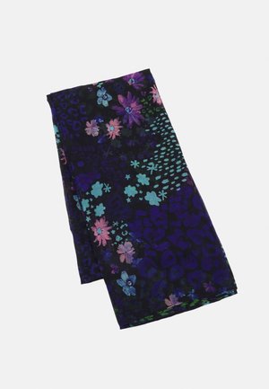 Złożona ciemna tkanina z żywymi kwiatowymi i abstrakcyjnymi wzorami w kolorach fioletowym, niebieskim, różowym i zielonym na czarnym tle.