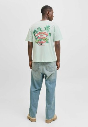 Mintgrön bomullströja med en grafik av palmer och en vintagebil på baksidan. Bärs med ljusblå baggy jeans och beige skor.