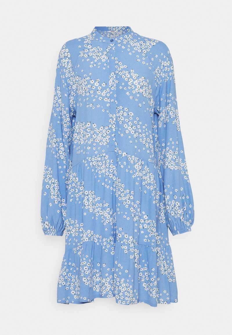 Robe bleu clair à motif floral, avec des manches longues bouffantes, un devant boutonné et une jupe à volants. Fabriquée en tissu léger.