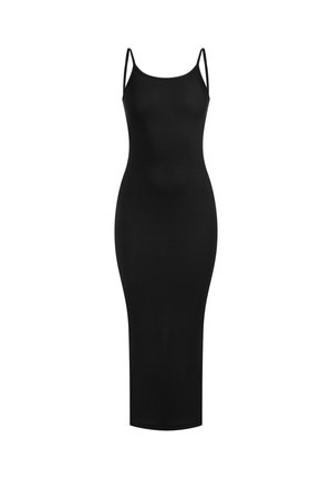 Vestido midi negro acanalado con tirantes finos tipo espagueti y silueta ajustada, diseñado para mujeres.