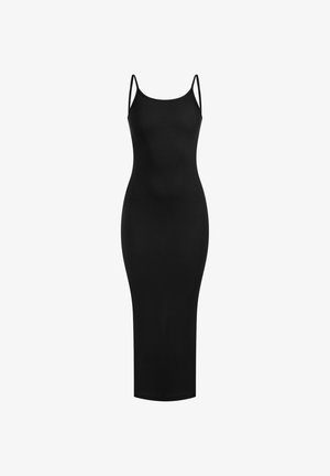 Vestido midi negro acanalado con tirantes finos tipo espagueti y silueta ajustada, diseñado para mujeres.