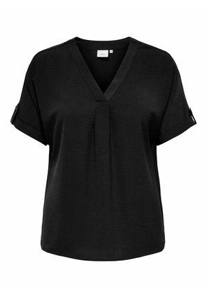 Top corto nero a maniche corte con scollo a V e dettagli plissettati. Presenta risvolti con accenti di bottoni. Il tessuto testurizzato dona profondità.
