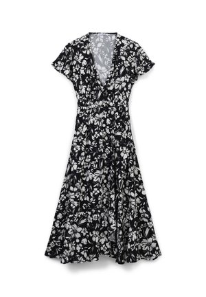 Abito nero floreale con maniche corte, scollatura a V profonda e vita aderente con gonna svasata. Motivo floreale in bianco e grigio chiaro.
