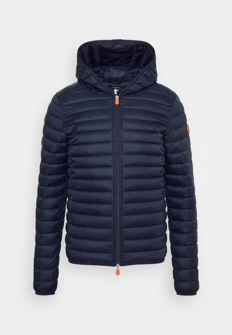 Navy puffer jacket with a zip closure and a hood. Features quilted pattern and orange zipper pull. Made from lightweight material.