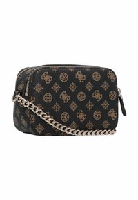 Borsa a tracolla in pelle nera con motivo geometrico dorato, dotata di tracolla a catena e chiusura con zip per una conservazione sicura.