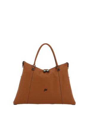 Borsa a tracolla in pelle marrone con un design spazioso, texture liscia e accenti neri. Presenta due bottoni decorativi blu sulla chiusura.