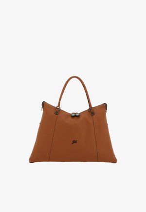 Borsa a tracolla in pelle marrone con un design spazioso, texture liscia e accenti neri. Presenta due bottoni decorativi blu sulla chiusura.