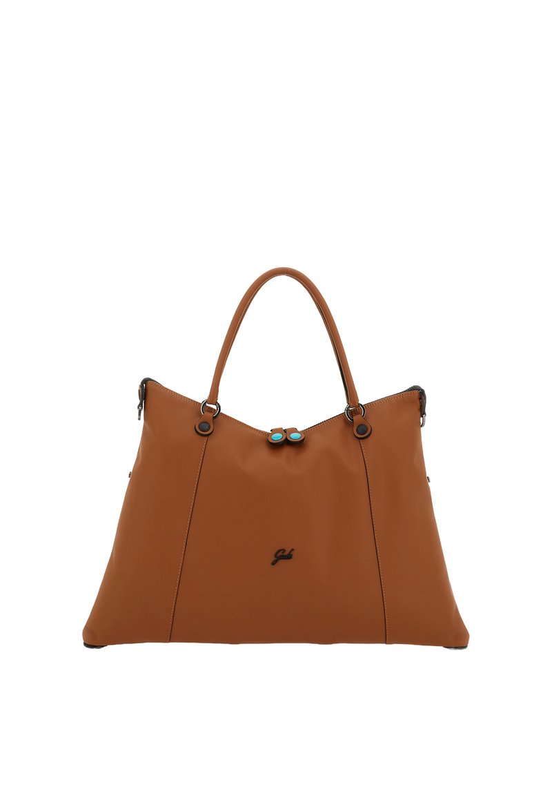 Borsa a tracolla in pelle marrone con un design spazioso, texture liscia e accenti neri. Presenta due bottoni decorativi blu sulla chiusura.