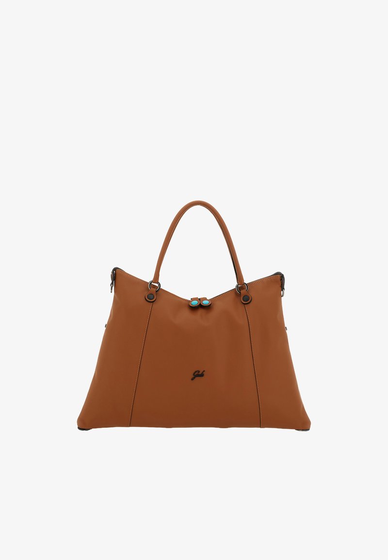 Borsa a tracolla in pelle marrone con un design spazioso, texture liscia e accenti neri. Presenta due bottoni decorativi blu sulla chiusura.