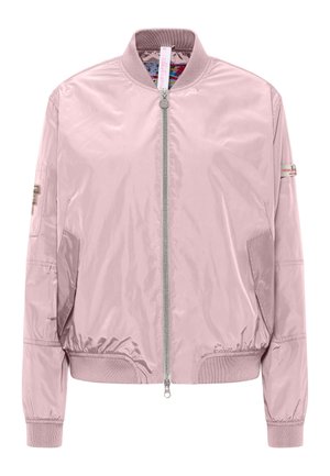 Jasnoróżowa bomberka z przednim zamkiem błyskawicznym, prążkowanym kołnierzem, mankietami i dołem, dwiema bocznymi kieszeniami oraz małymi kieszeniami na rękawie z metkami.