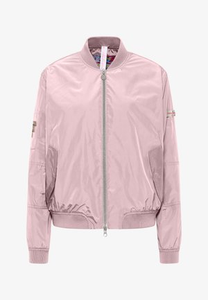 Light pink bomber jacket with front zipper, ribbed collar, cuffs, and hem, two side pockets, and small sleeve pockets with tags.
