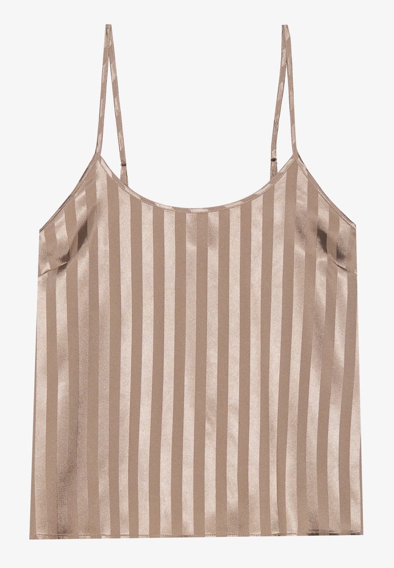 Camisole en satin de couleur beige avec des rayures alternant fin et brillant, dotée de fines bretelles réglables et d'une coupe décontractée.
