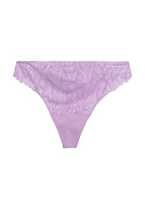Lavender lace thong featuring a floral pattern, scalloped edges, and smooth fabric portions in the front and back.