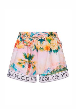 Kurze, bunte Shorts mit Zitronen- und Palmenmuster sowie dem Schriftzug "LA DOLCE VITA" am unteren Saum.