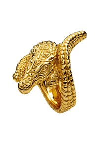 Anillo dorado con un diseño texturizado de cocodrilo, con escamas intrincadamente detalladas y una cola enrollada, su superficie reflectante realza su atractivo visual.