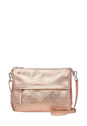 Rose gold metallic handbag with a zip closure, front pocket, adjustable strap, and textured surface. Compact rectangular shape.